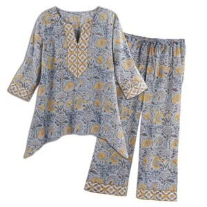 Signals Arya Pajama Set Womens XL Light Blue Mustard Floral Cool PJs Top Bottom